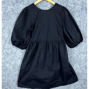 Babydoll Mini Dress Womens S Black Puff Sleeve Pleated Tie Back Party Cotton